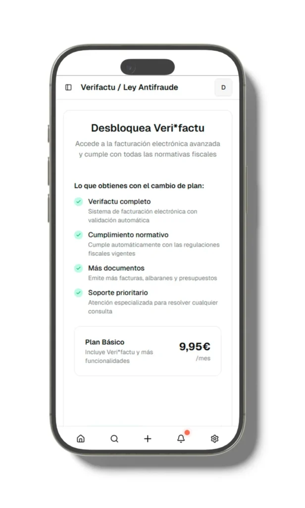 Móvil mostrando la adaptación de Fube a la normativa Verifactu en su interfaz de facturación